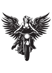 Fototapeta na wymiar female angel with wings rides a motorcycle,black and white color motorcycle tattoos,motorcycle stickers,eps vector illustration,