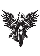 female angel with wings rides a motorcycle,black and white color motorcycle tattoos,motorcycle stickers,eps vector illustration,