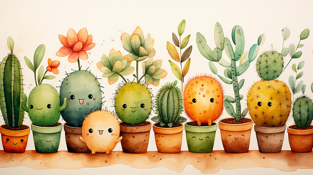 Cactus print in a style of watercolour on a white background with funny characters. 