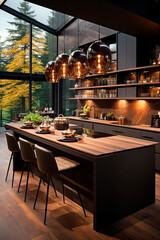 Stylish and luxurious modern kitchen design in dark brown colors in a country house, mansion. Brutal interior design. 