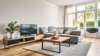 Comfortable corner couch and wooden table placed in front of modern TV set in cozy spacious lounge room, Generative AI