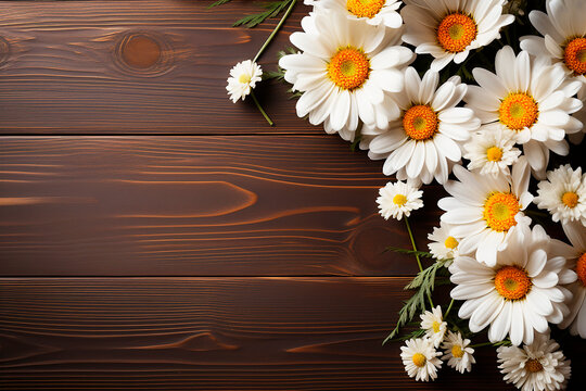 Summer chamomile flowers on brown wooden background. Flat lay, copy space. Generative AI