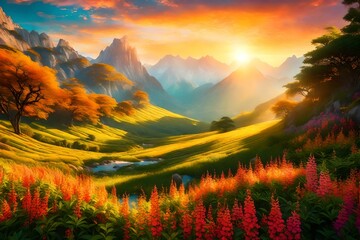 Plakat sunset in the mountains in the spring AI GENERATED