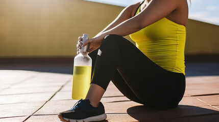 Unrecognizable female athlete sitting with water bottle on concrete platform in bright sunlight while taking break from training. Generative AI