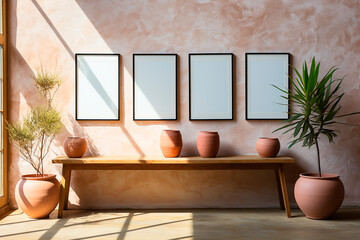 Framed poster mockups against empty pink cement wall, soft beautiful sunlight, shadows on the wall.