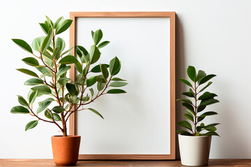 Poster mockup with a green plant and wooden frame on white background. Copy space. 