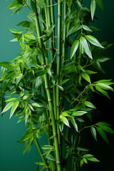 Fototapeta na wymiar Wet fresh green leaves and stems of bamboo. Vertical image.