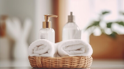 Fototapeta na wymiar Liquid soap bottle, white towel on basket in bathroom. Hygiene and healthy life concept. Close up, Generative AI