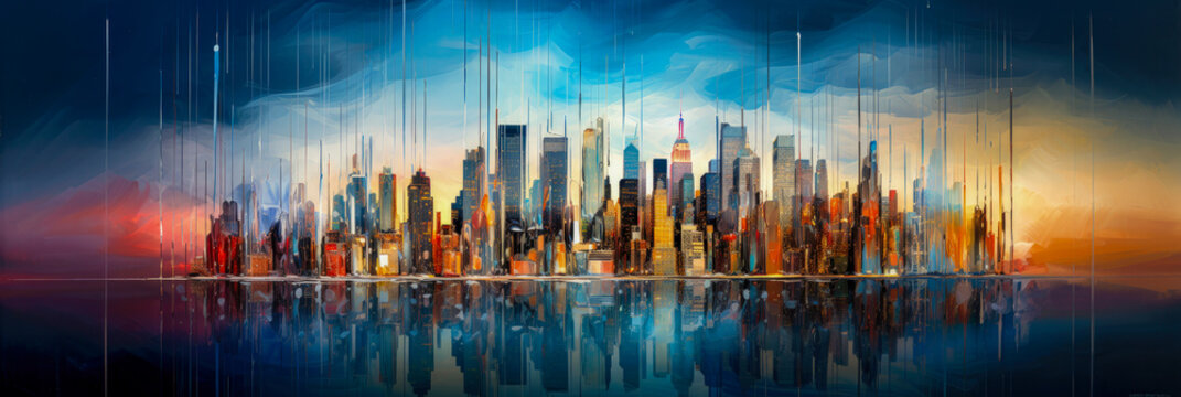 Colorful art illustration of a panoramic view of the manhattan skyline in NYC. The tall skyscrapers dominate the downtown horizon with a golden light.
