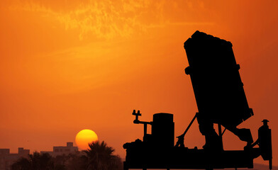 Silhouette of air defense system in sky background . National holiday . 3d illustration