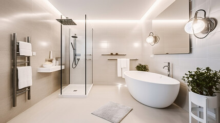 Fototapeta na wymiar White ceramic bathtub placed near glass shower cabin in stylish spacious bathroom with heated towel rail and bright glowing lamps, Generative AI