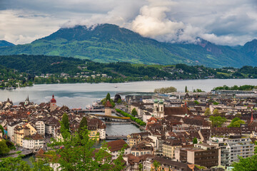 Lucerne (Luzern) Switzerland, high angle view city skyline at Chapel Bridge, Reuss River and Lake...