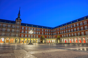 Madrid Spain, night city skyline at Plaza Mayor