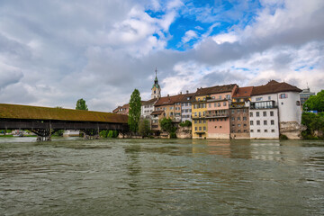 Fototapeta na wymiar Olten Switzerland, city skyline at Alte Bridge (Brucke) and Aare River