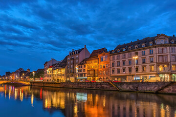 Strasbourg France, colorful Half Timber House night city skyline and Ill river