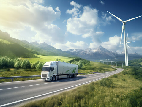 Modern Eco Truck Makes Transportation Along A Mountain Road Against The Backdrop Of Wind Farms.