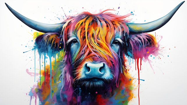 Abstract, colorful painting of a Highland Cow