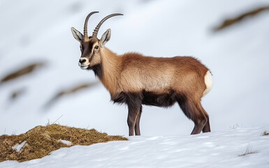 Calm wild alpine chamois with brown fur and horns walking on dry grassy lawn covered with white snow in winter nature of national park. Generative AI - obrazy, fototapety, plakaty
