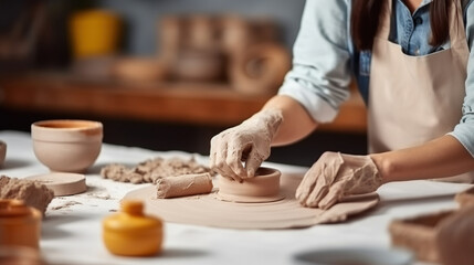 Cropped unrecognizable female artisan in apron sitting at table and rolling clay slab with pin while creating earthenware during pottery class, Generative AI - obrazy, fototapety, plakaty