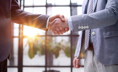 Close up shot of two business people shaking hands in the office