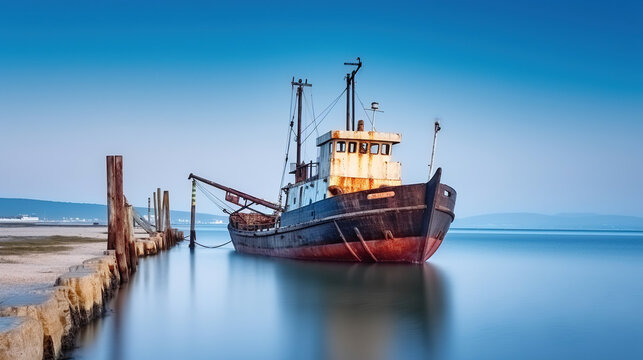 Long Exposure Capture of an Old Ship at the Pier amidst Serene Waters on a Summer Day. Generative AI