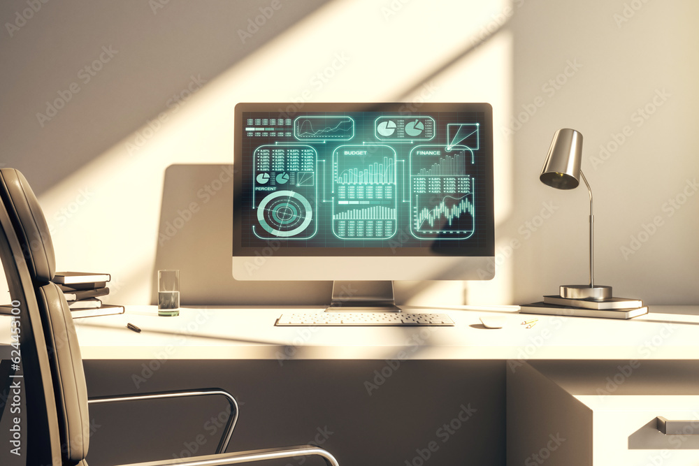 Aufkleber modern computer screen with creative statistics data hologram, stats and analytics concept. 3d rende