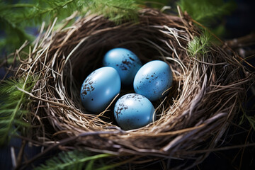 Obraz premium Bird's nest with eggs in the forest. Generative AI