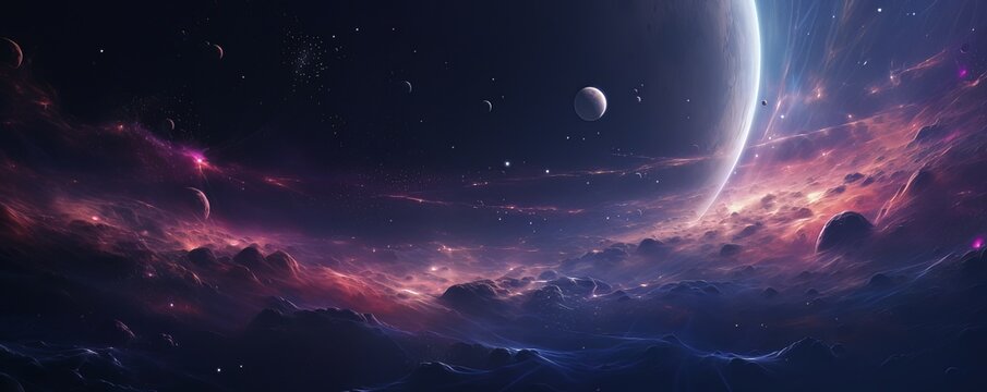 Fototapeta Space. Orion Nebula, black holes, explosion of planets and sun. Stars, universe, flashes of light. Flying planets in space.AI generation.