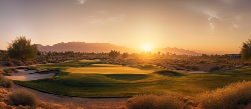 Golden sunset over a serene desert golf course with mountains.