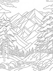 Mountains, and trees covered with snow. coloring book page on transparent background. Generative AI