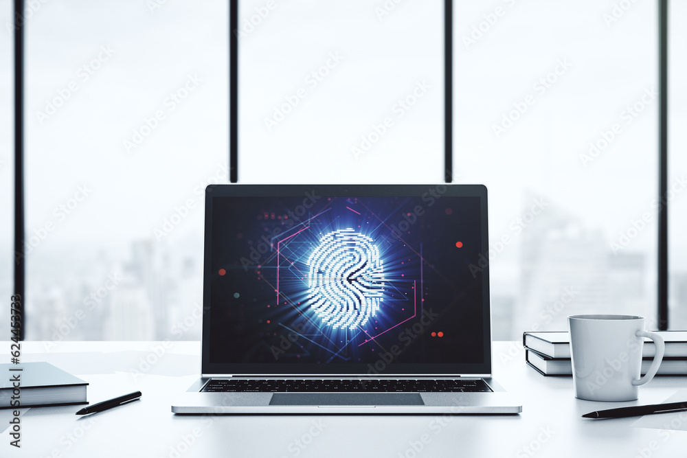 Poster Modern computer monitor with abstract creative fingerprint hologram, research and development concept. 3D Rendering