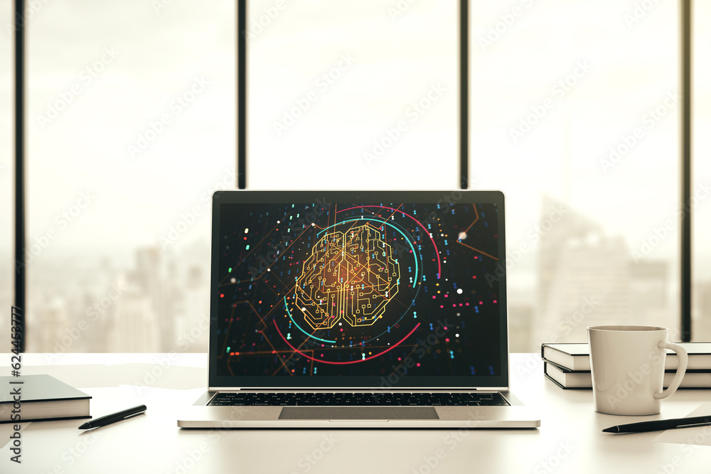 Aufkleber modern computer monitor with creative artificial intelligence symbol. neural networks and machine le