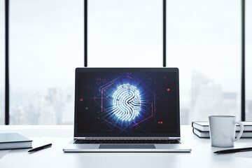 Modern computer monitor with abstract creative fingerprint hologram, research and development concept. 3D Rendering
