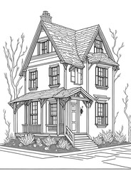 House coloring book page with clean line art on transparent background. Generative AI