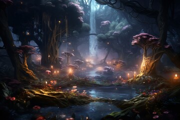 Enchanted Forest Landscape Fairytale Tree Green Woods Fantasy Generative AI