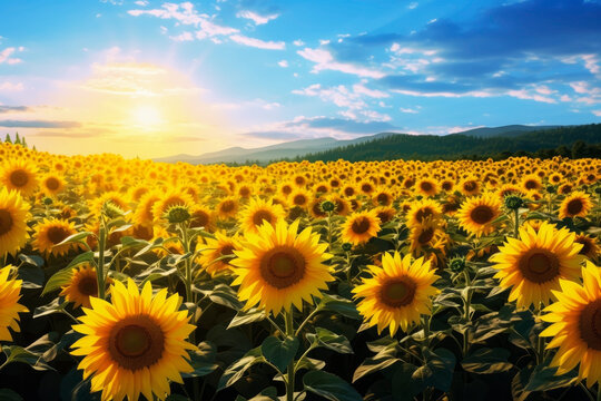 Fields of blooming sunflowers. Generative AI