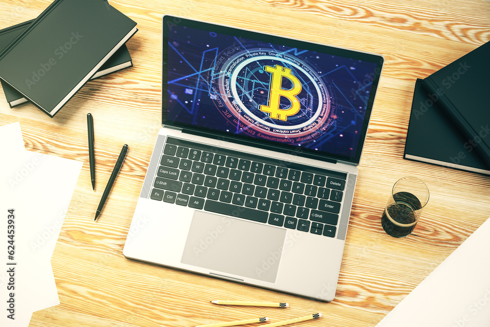 Poster Creative Bitcoin concept on modern laptop screen. 3D Rendering