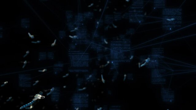 The swarming intelligence of dragonflies performs computations on a black background.