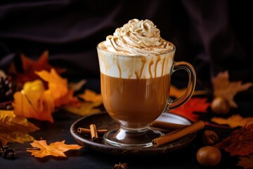 Autumn pumpkin latte with whipped cream , AI Generative