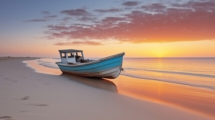 A Majestic Boat Gracefully Resting on the Pristine Sandy Beach, Bathed in the Warm Hues of a Mesmerizing Sunset. Generative AI