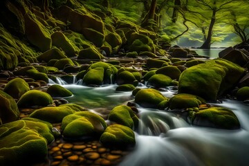 Obraz na płótnie Canvas flowing slow river on the rocks in the forest AI GENERATED
