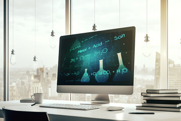 Creative chemistry hologram on modern laptop monitor, pharmaceutical research concept. 3D Rendering
