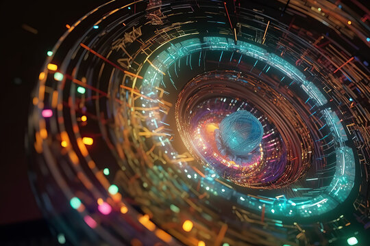Hadron collider and the moment of two atoms colliding, Imagination of action, Science fiction, Big Data Concept, Flow of digital data in global network, Quantum computer, created with Generative AI
