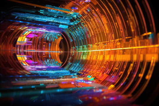 Hadron collider and the moment of two atoms colliding, Imagination of action, Science fiction, Big Data Concept, Flow of digital data in global network, Quantum computer, created with Generative AI