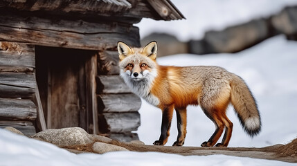 Obraz premium A Wild Red Fox Stands Proud on Snowy Ground, Gazing at the Camera Against a Wintry Backdrop of a Wooden Cabin. Generative AI