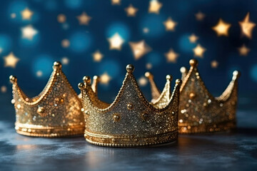 Three shiny golden crowns on navy blue background. Three Kings day or Epiphany day holiday celebration night