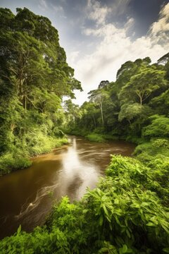 Lush river landscape in a dense tropical rainforest with a cloudy sky.