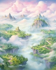 Aerial view captures misty tropic valley landscape with fog. (Generative AI)