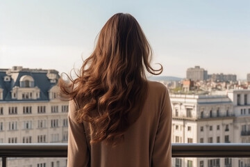 Fototapeta na wymiar Woman admiring city panorama from balcony, symbol of solitude. Generative Ai.