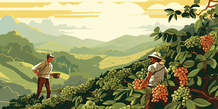 Asian Coffee Farmers Embrace the Harvest" - In this panoramic flat art  illustration, Coffee Farmers  Generative AI Digital Illustration